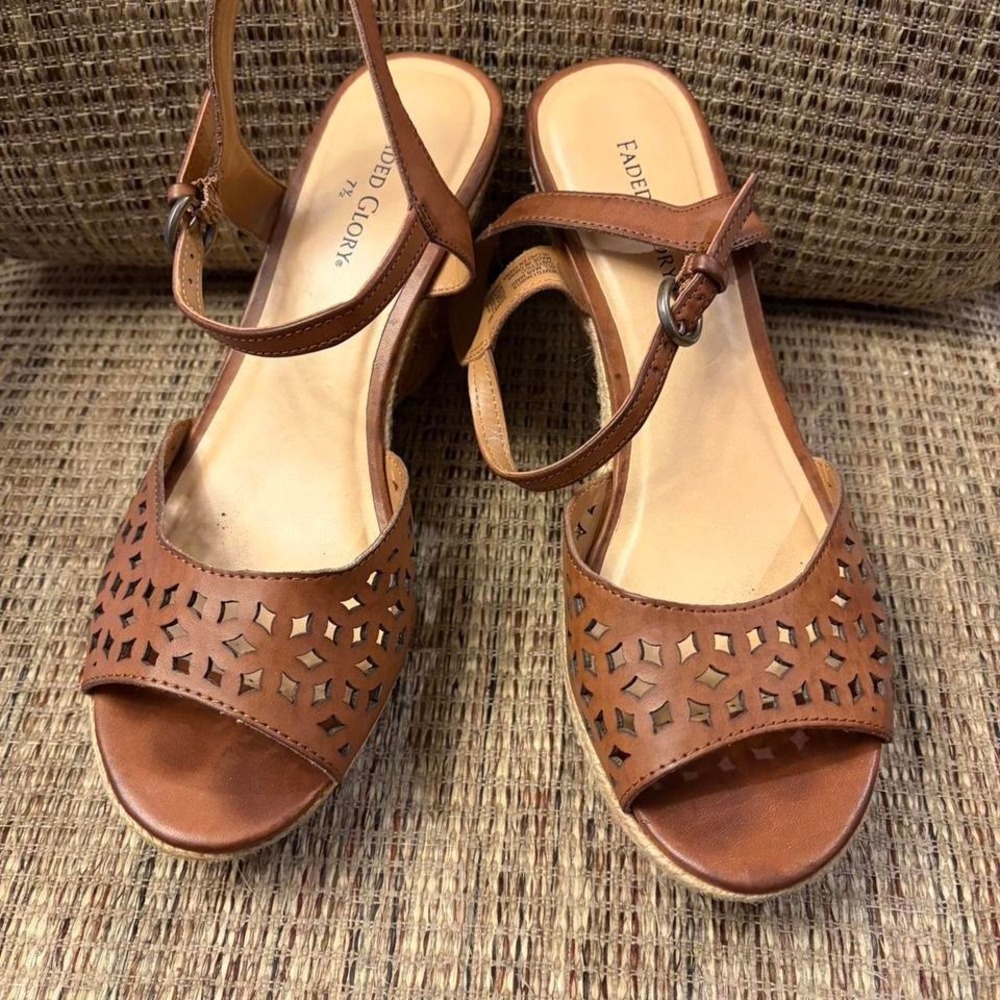 Faded Glory brown leather wedge sandals with cutout design and adjustable buckle